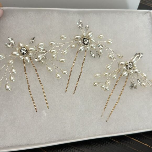 Hair Couture Pearl & Rhinestone Jewel wedding formal occasion Hair Pins set of 3